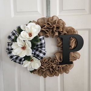 Magnolias burlap initial wreath